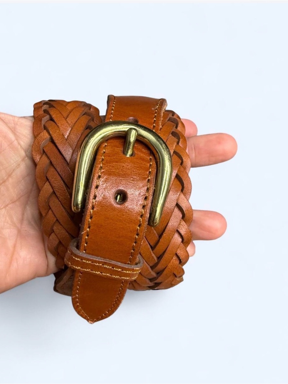 Christian Dior Braided Leather Belt - Cognac Brown with Brass Buckle